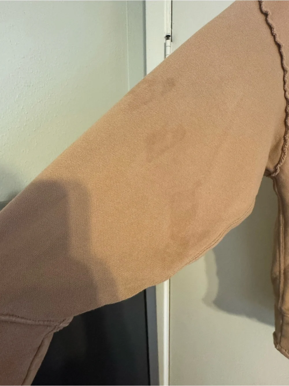 Aerie Cozy Oversized Distressed V-Neck Sweatshirt in Camel - Picture 2 of 5